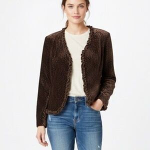 Emma James VTG-Inspired Textured Espresso Ruffle Open Front Blazer Jacket SZ 14